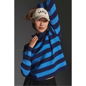 ANTHROPOLOGIE Oversized Mock Neck Sweater Striped Pullover Top Blue Size L